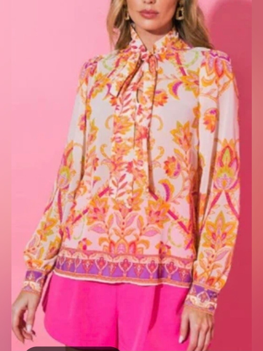 Flying Tomato Top Boho Floral Vibrant Lavenders Oranges Front Tie Office Read M